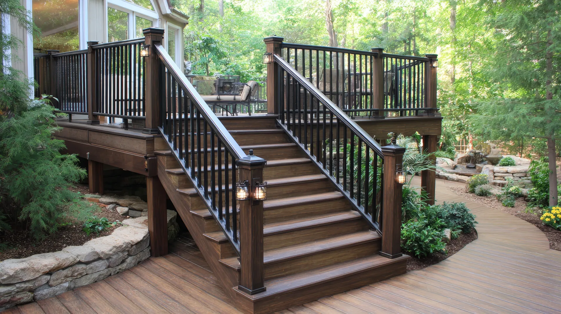 Composite deck with steps, dark railings and surrounding landscaping