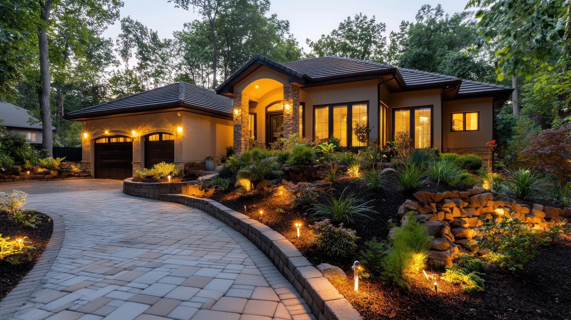 Stucco-clad home exterior with stone accents and landscaped driveway